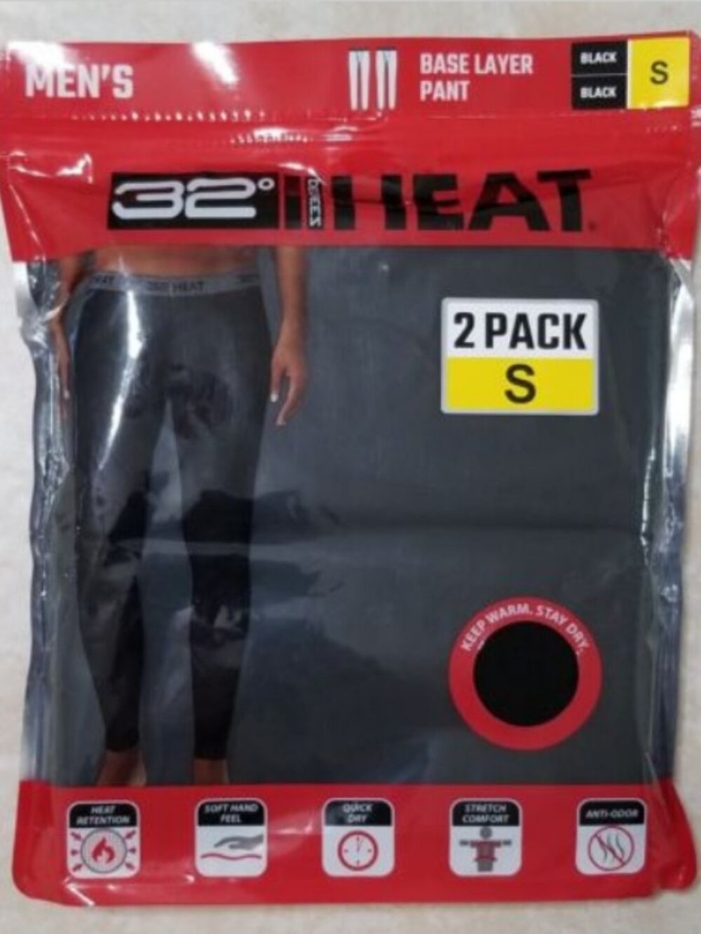 32 Degrees Men's Heat Base Layer Pant 2 Pack color Black-Size - S -